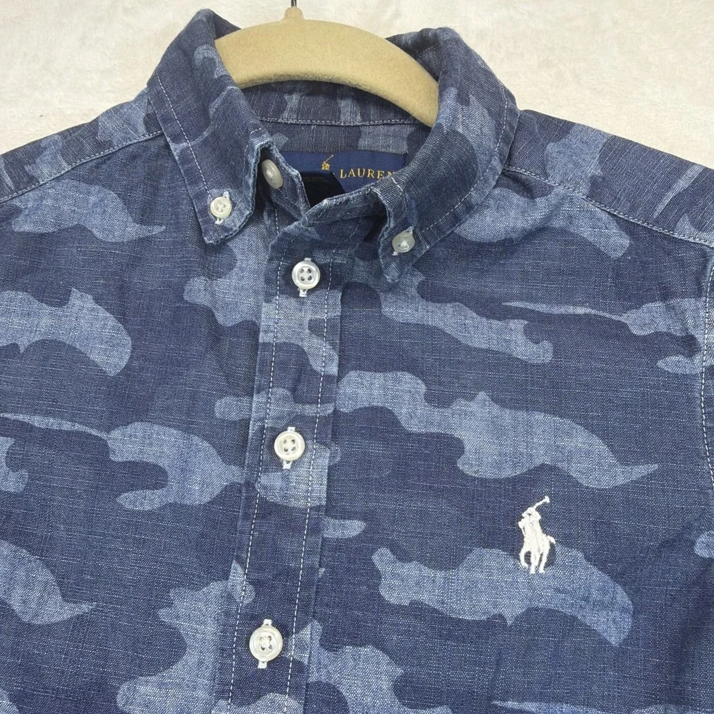 Ralph Lauren Boys Blue Camo Camouflage Button Down Shirt Pony Logo Small